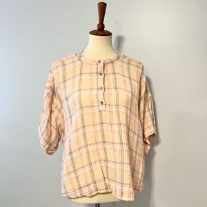 Calvin Klein Button Down Short Sleeve Flowy Plaid Blouse Top